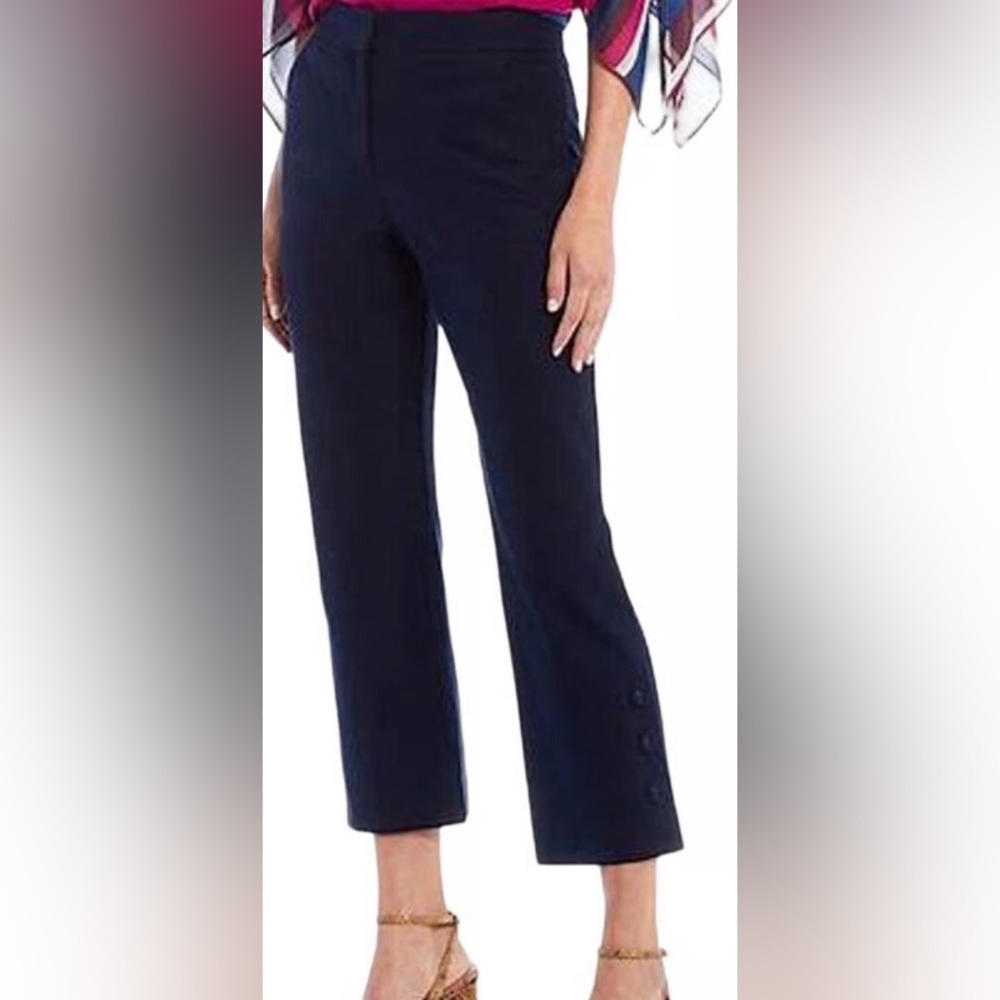 Trina Turk Bootcut Ore Crop Navy Pants with buttons at hem.